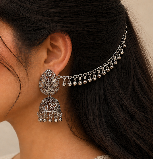 Alloy Oxidized Silver toned Leaf Kanchain Jhumka