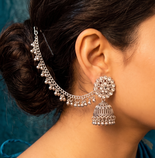 Alloy Oxidized Silver toned Beaded Kanchain Jhumka