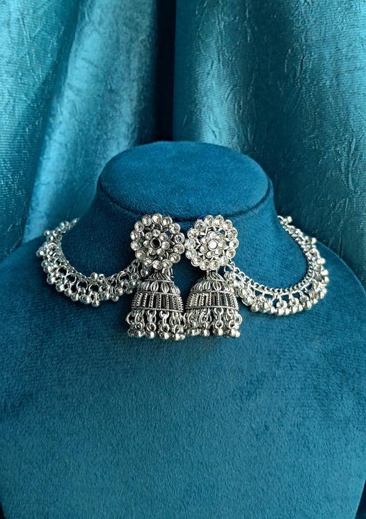 Alloy Oxidized Silver toned Beaded Kanchain Jhumka