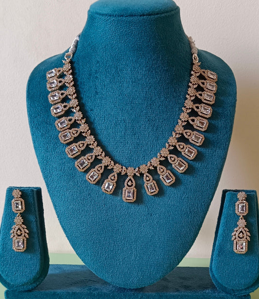 AD Studded Silver Plated Mehndi Necklace Set with Big White Stones