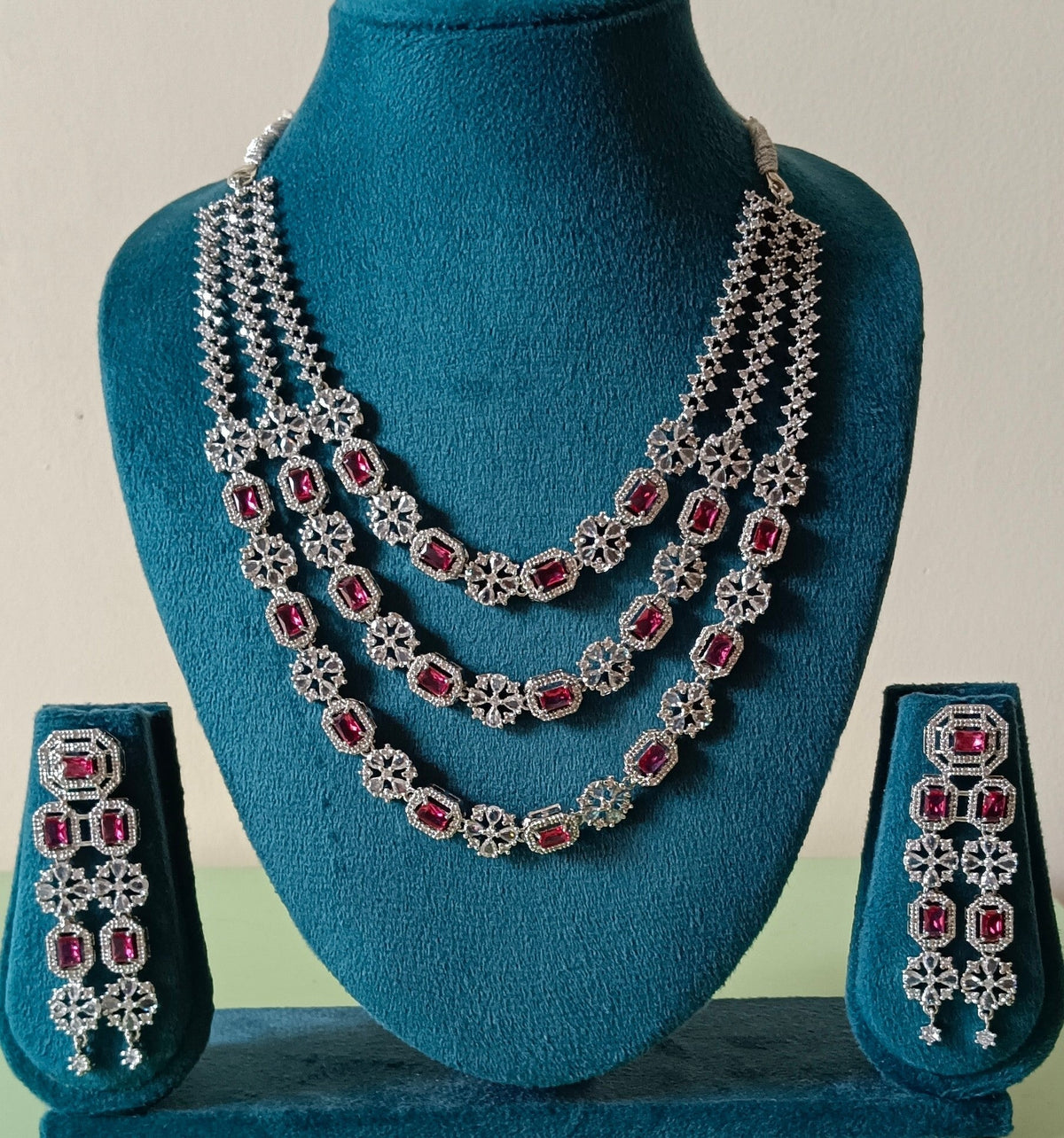 Alloy Rhodium Ruby Red Jewel 3-Layer Necklace Set