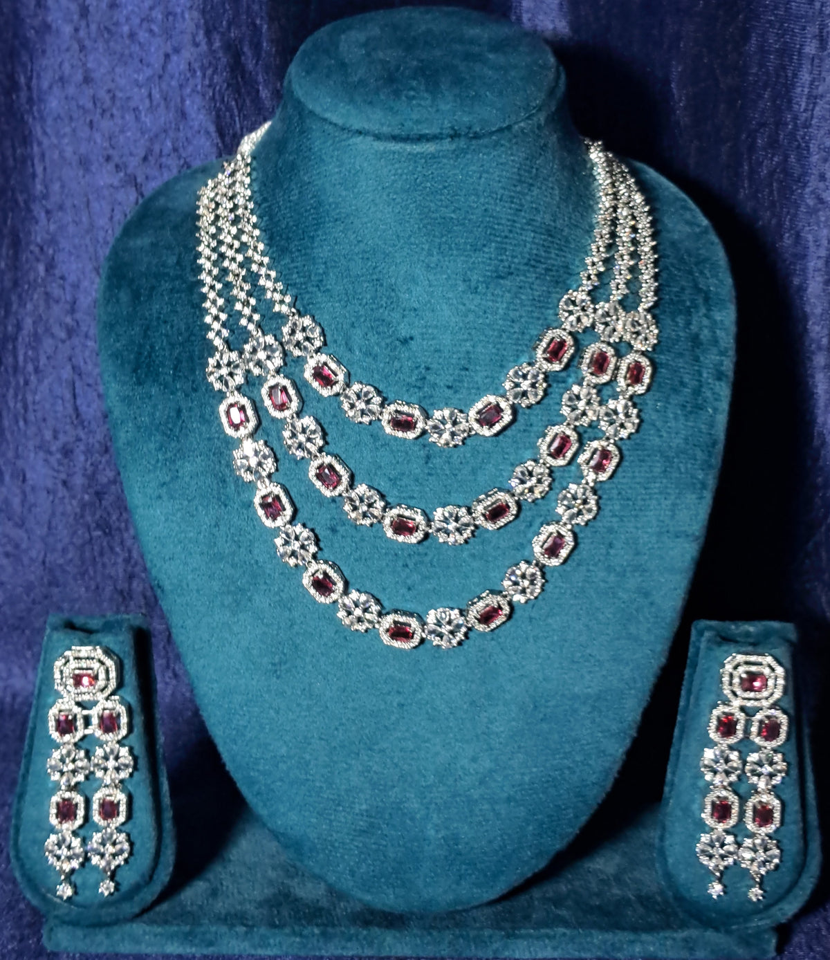 Alloy Rhodium Ruby Red Jewel 3-Layer Necklace Set