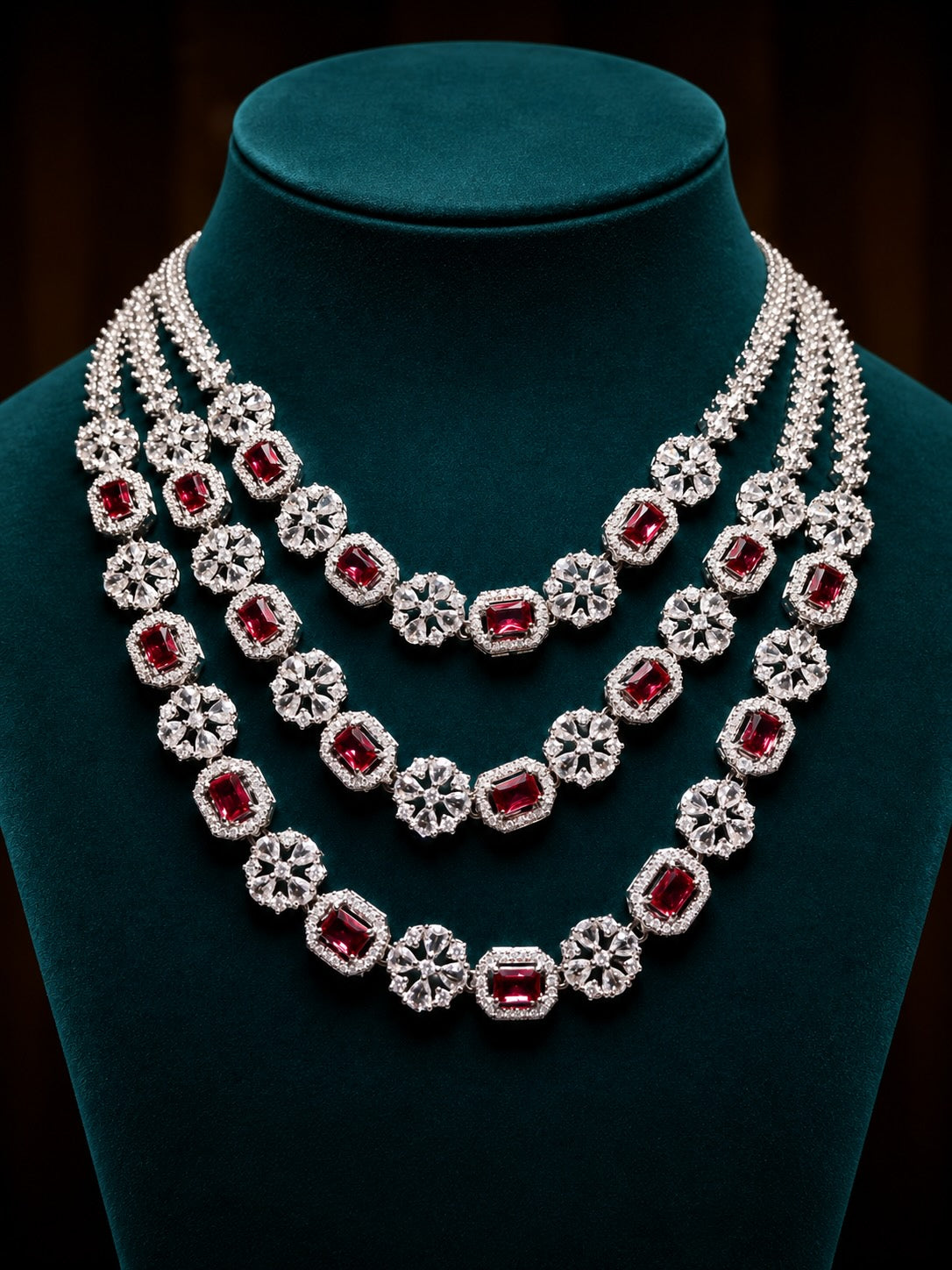 Alloy Rhodium Ruby Red Jewel 3-Layer Necklace Set