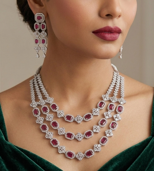 Alloy Rhodium Ruby Red Jewel 3-Layer Necklace Set