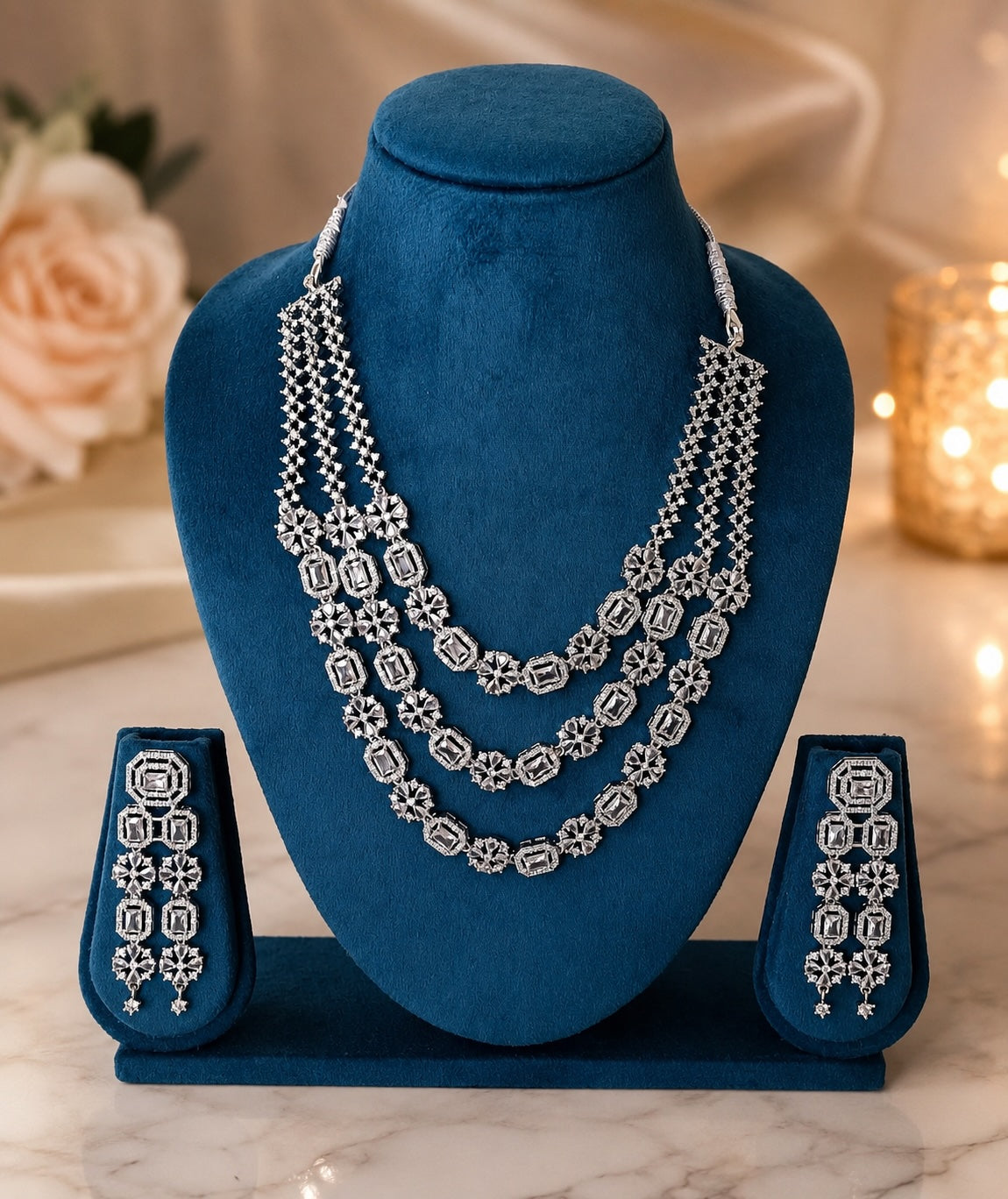 Alloy Rhodium Silver Jewel 3-Layer Necklace Set