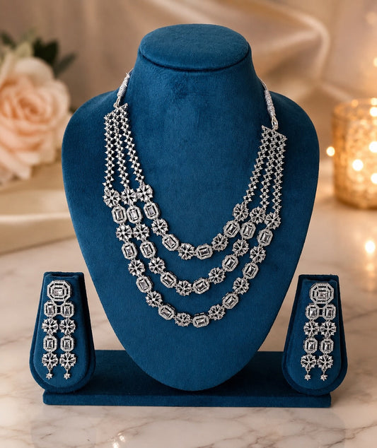Alloy Rhodium Silver Jewel 3-Layer Necklace Set