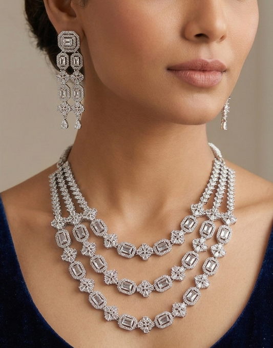 Alloy Rhodium Silver Jewel 3-Layer Necklace Set
