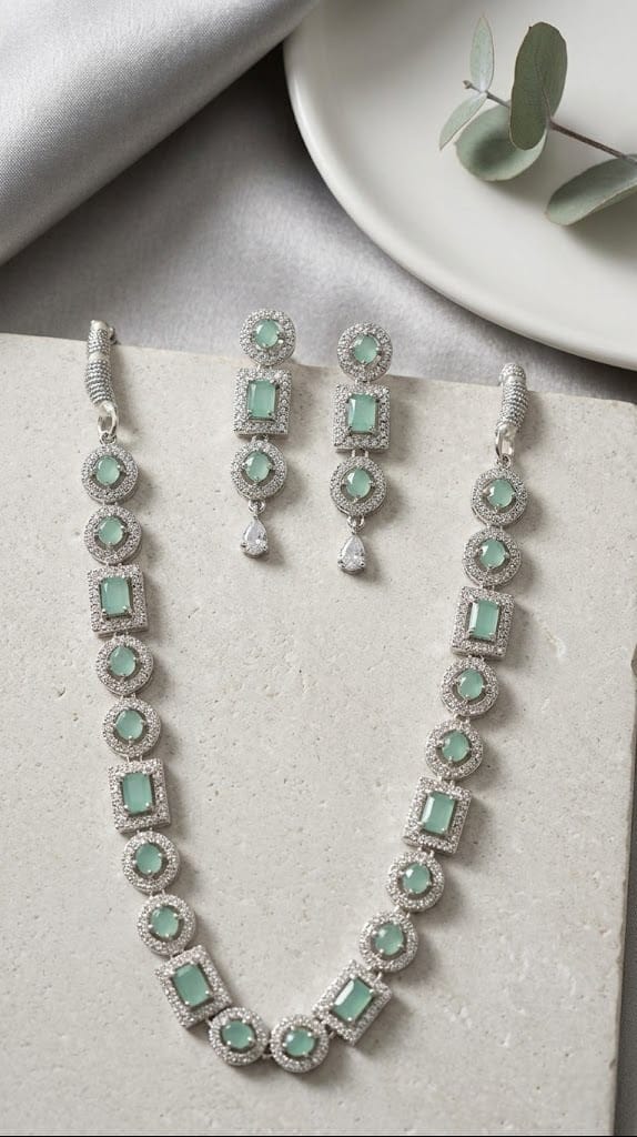 AD Stone Single Layer Mint Green Necklace Set