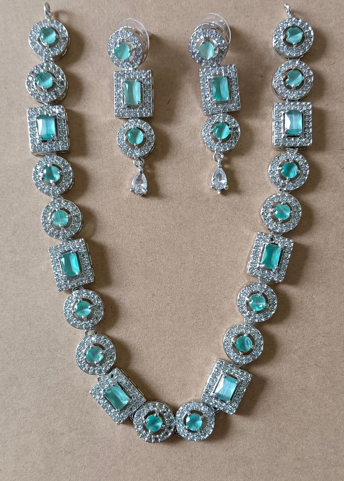 AD Stone Single Layer Mint Green Necklace Set