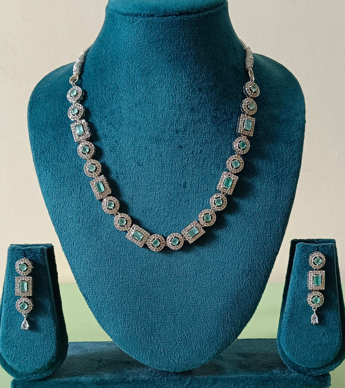 AD Stone Single Layer Mint Green Necklace Set
