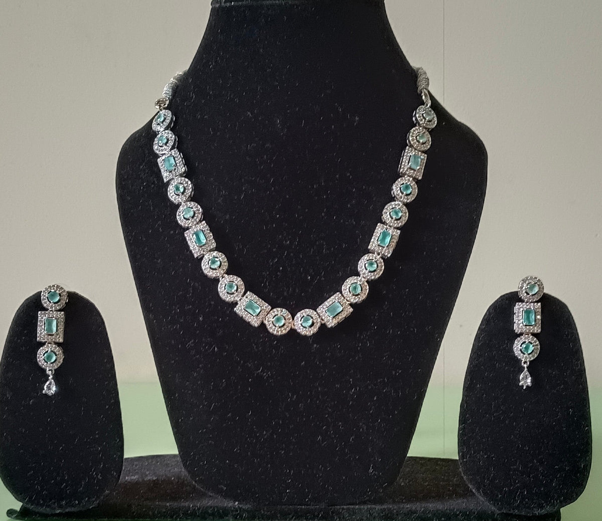 AD Stone Single Layer Mint Green Necklace Set