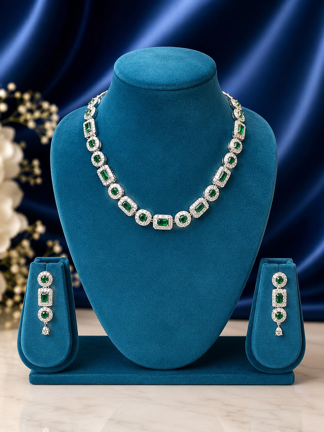 AD Stone Single Layer Green Necklace Set