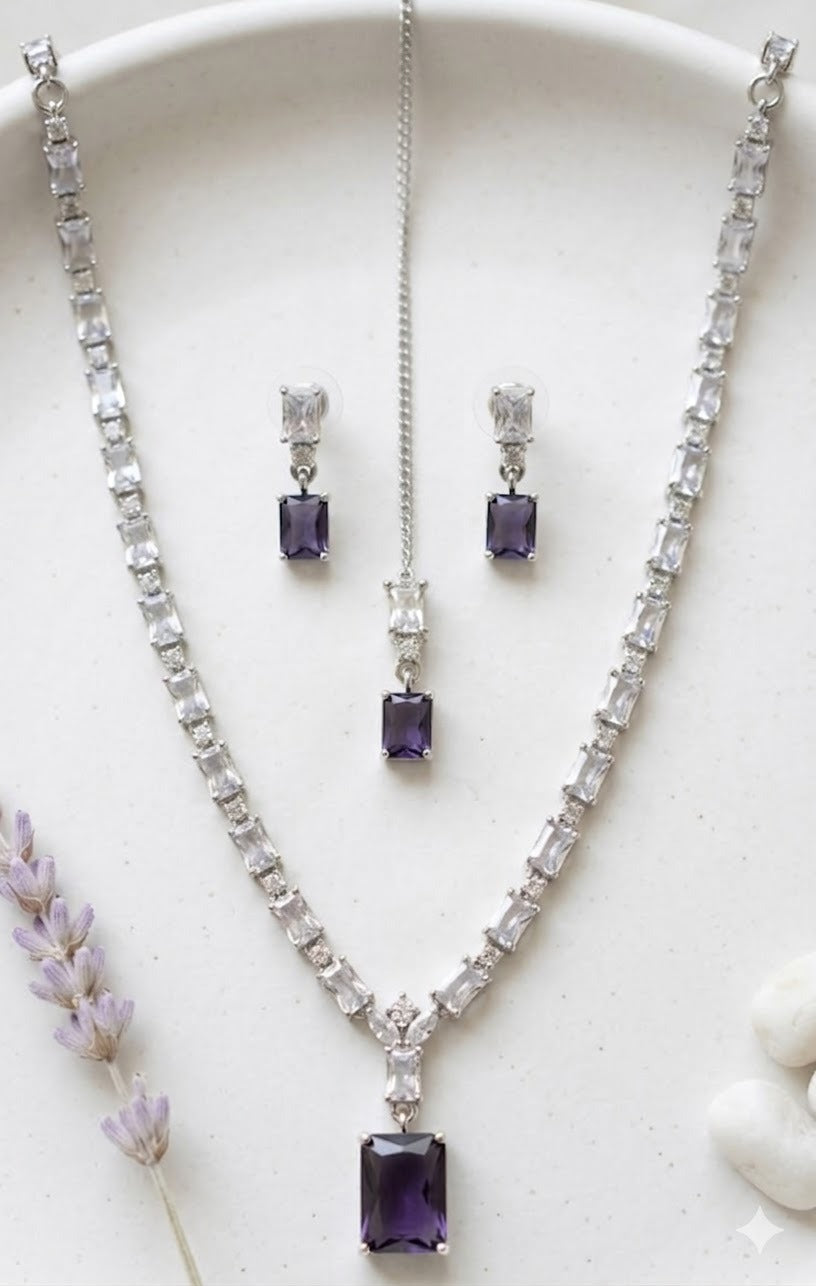 Sparkles AD Stone Single Layer Purple & White Necklace Set with Tika