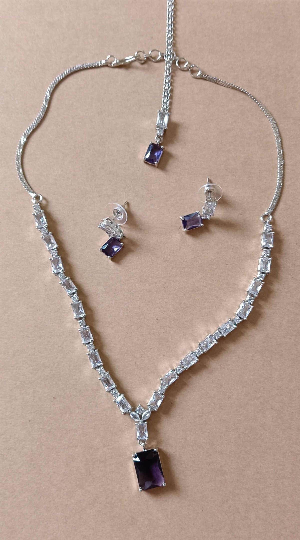 Sparkles AD Stone Single Layer Purple & White Necklace Set with Tika