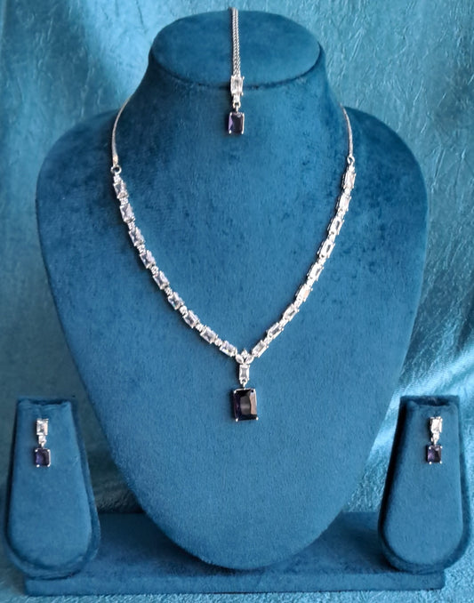 Sparkles AD Stone Single Layer Purple & White Necklace Set with Tika