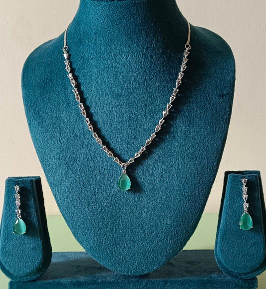 Silver Plated Mint Green AD Jewellery Necklace Set