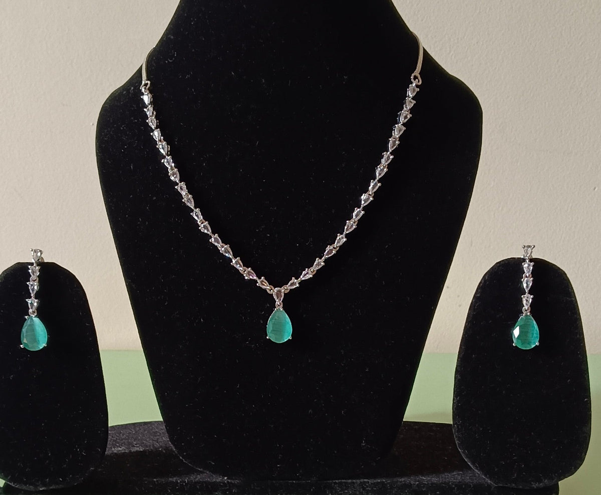 Silver Plated Mint Green AD Jewellery Necklace Set
