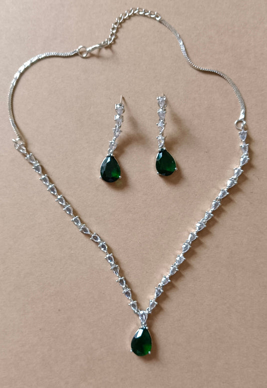 Silver Plated Green AD Jewellery Necklace Set