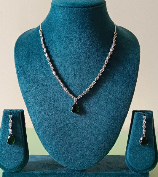 Silver Plated Green AD Jewellery Necklace Set