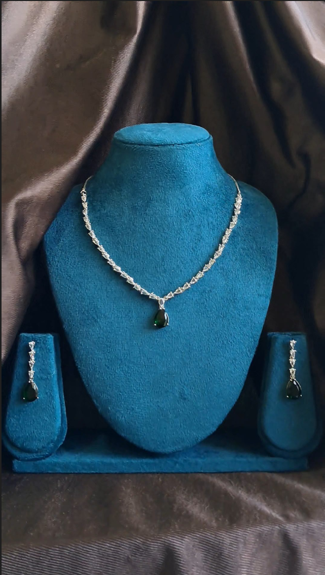 Silver Plated Green AD Jewellery Necklace Set