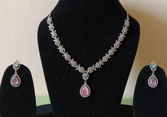 AD Floral Pink Mint Green Necklace Set