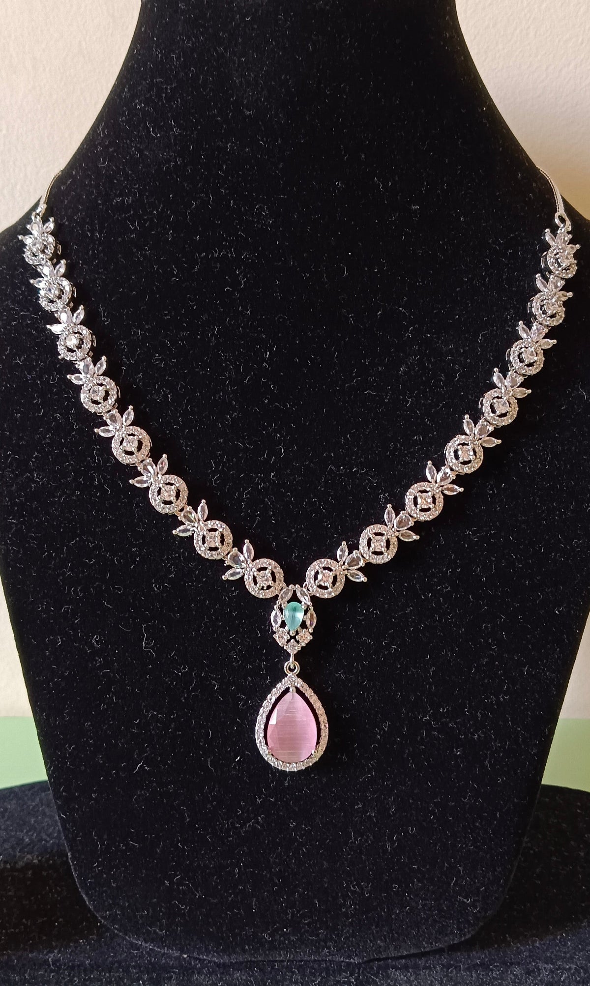 AD Floral Pink Mint Green Necklace Set