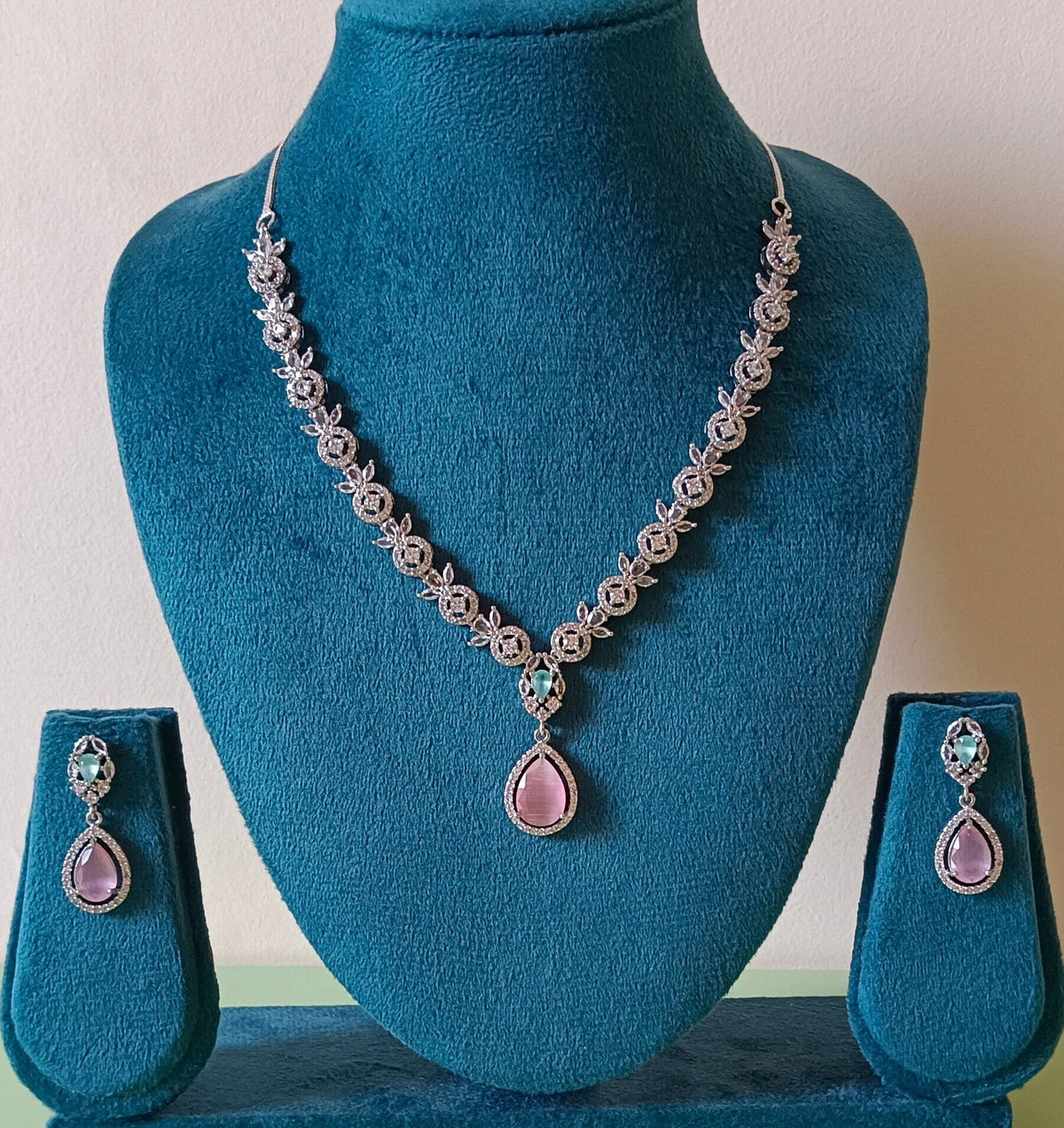 AD Floral Pink Mint Green Necklace Set