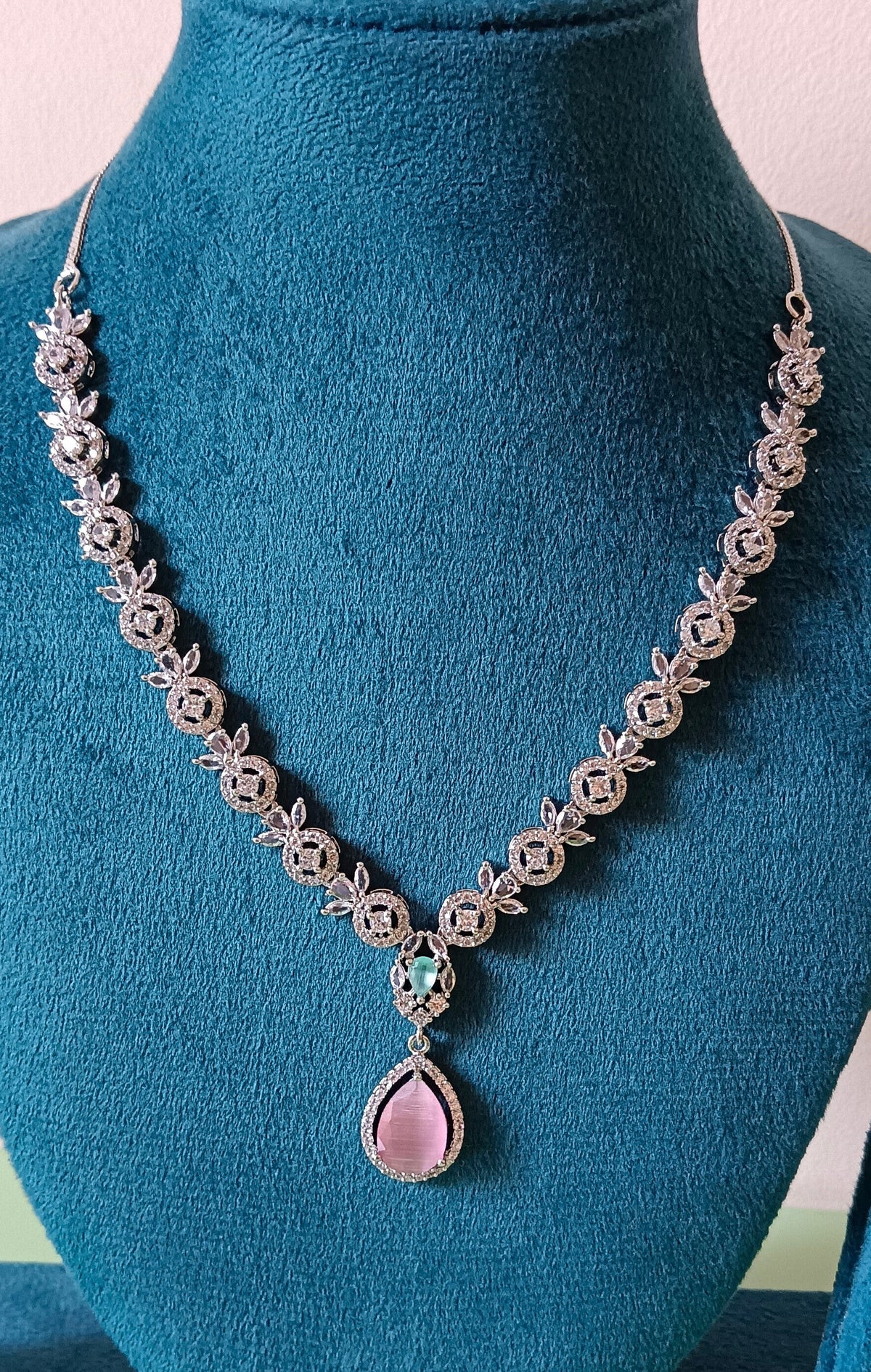 AD Floral Pink Mint Green Necklace Set