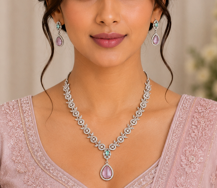 AD Floral Pink Mint Green Necklace Set