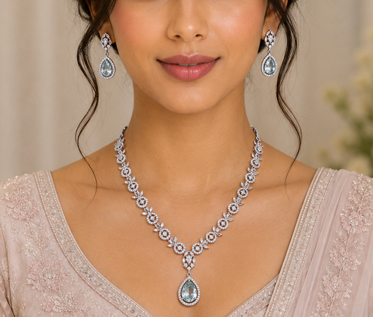 AD Floral Crystal Silver Necklace Set