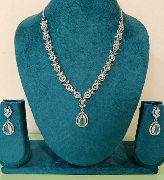 AD Floral Crystal Silver Necklace Set