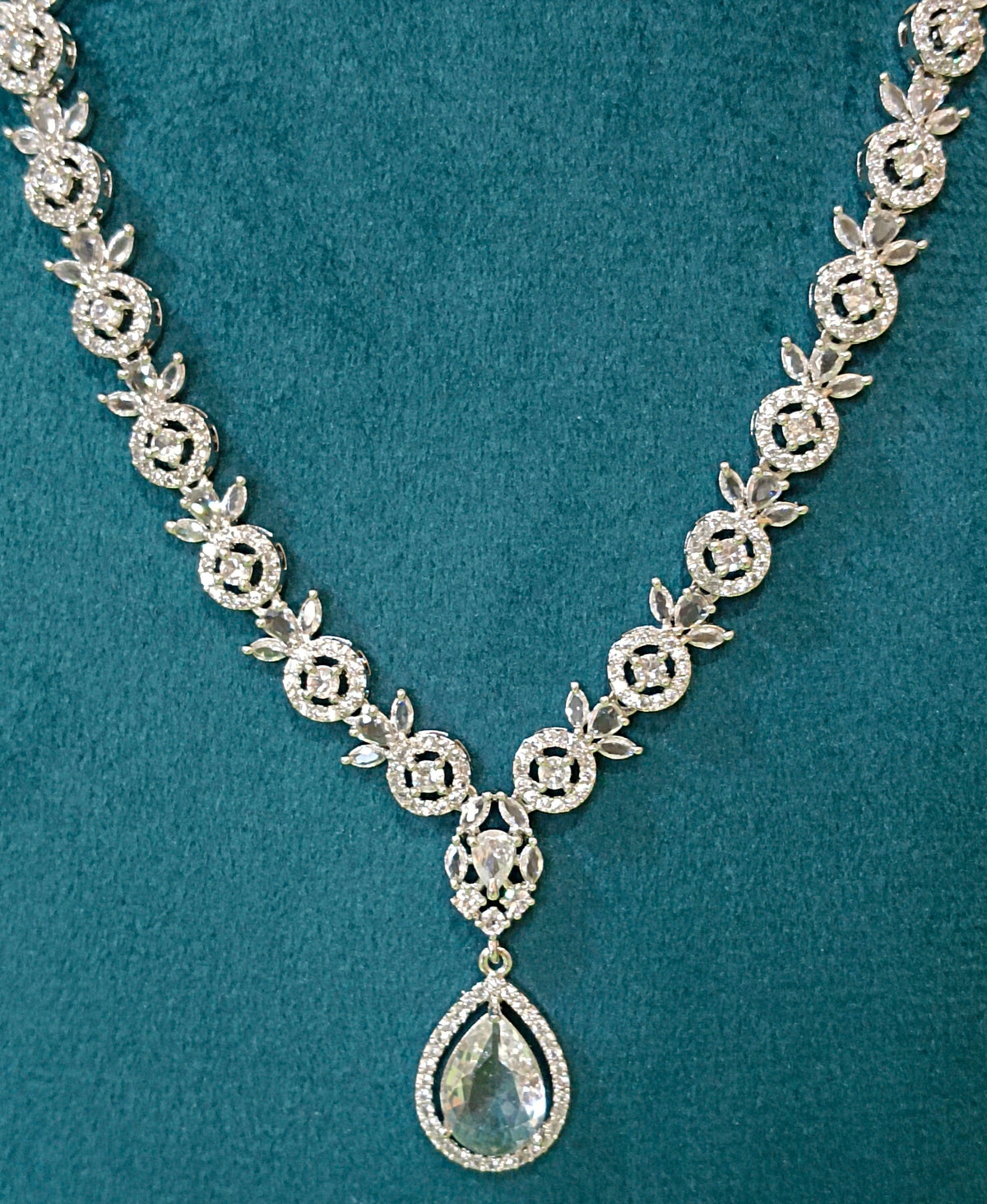 AD Floral Crystal Silver Necklace Set