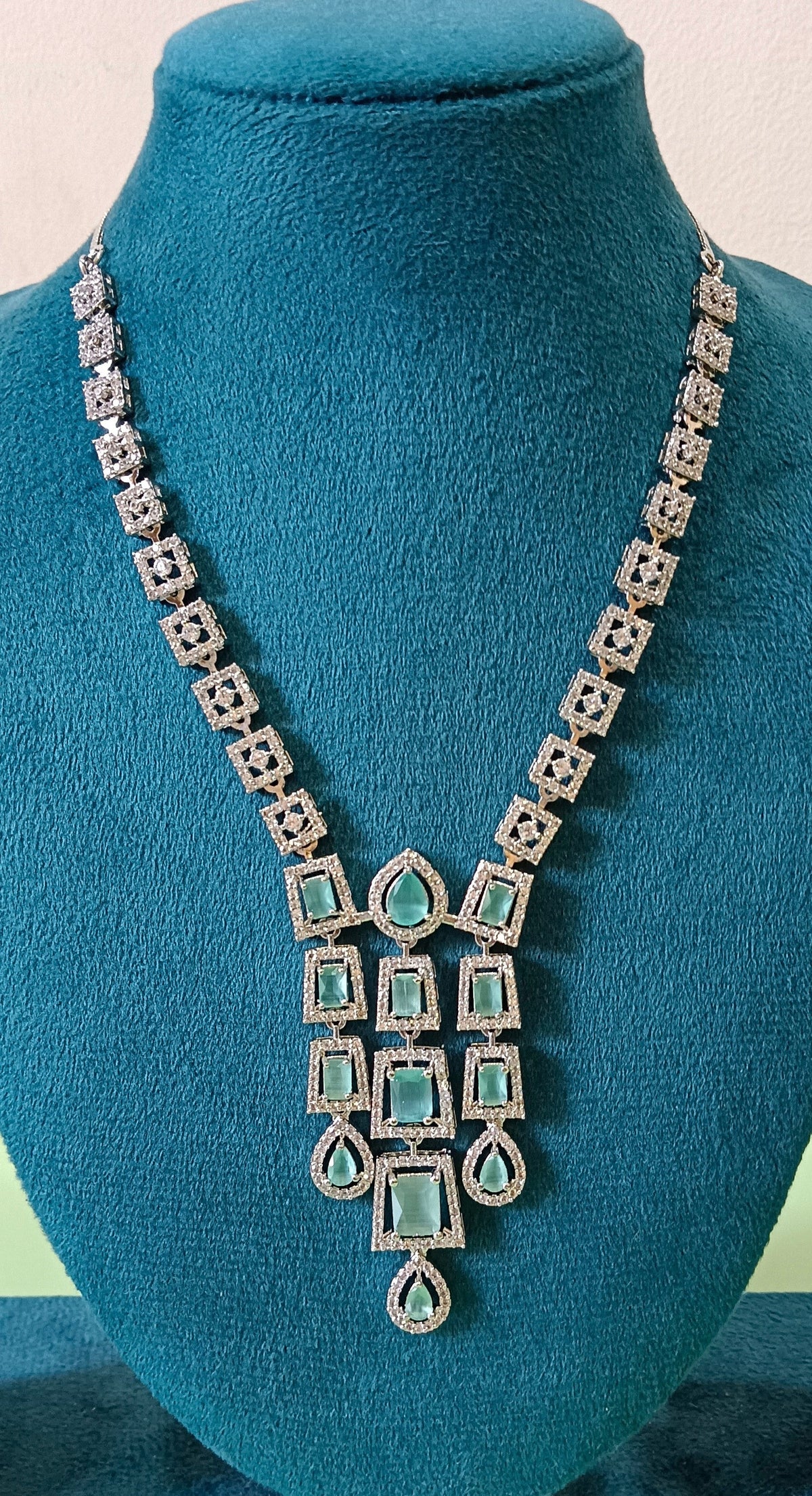 AD Triple Strand Mint Green Luxury Necklace Set