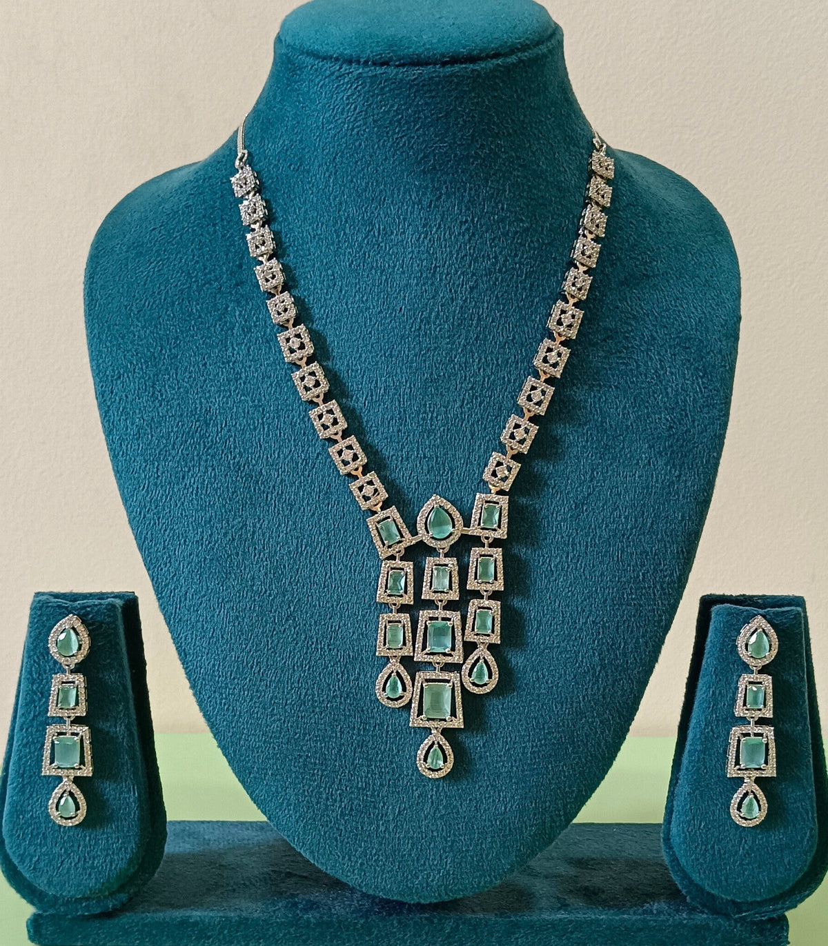 AD Triple Strand Mint Green Luxury Necklace Set