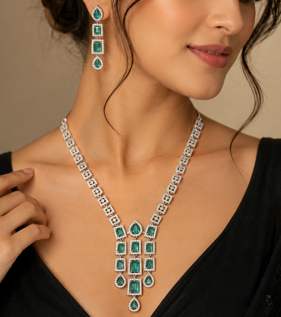 AD Triple Strand Mint Green Luxury Necklace Set
