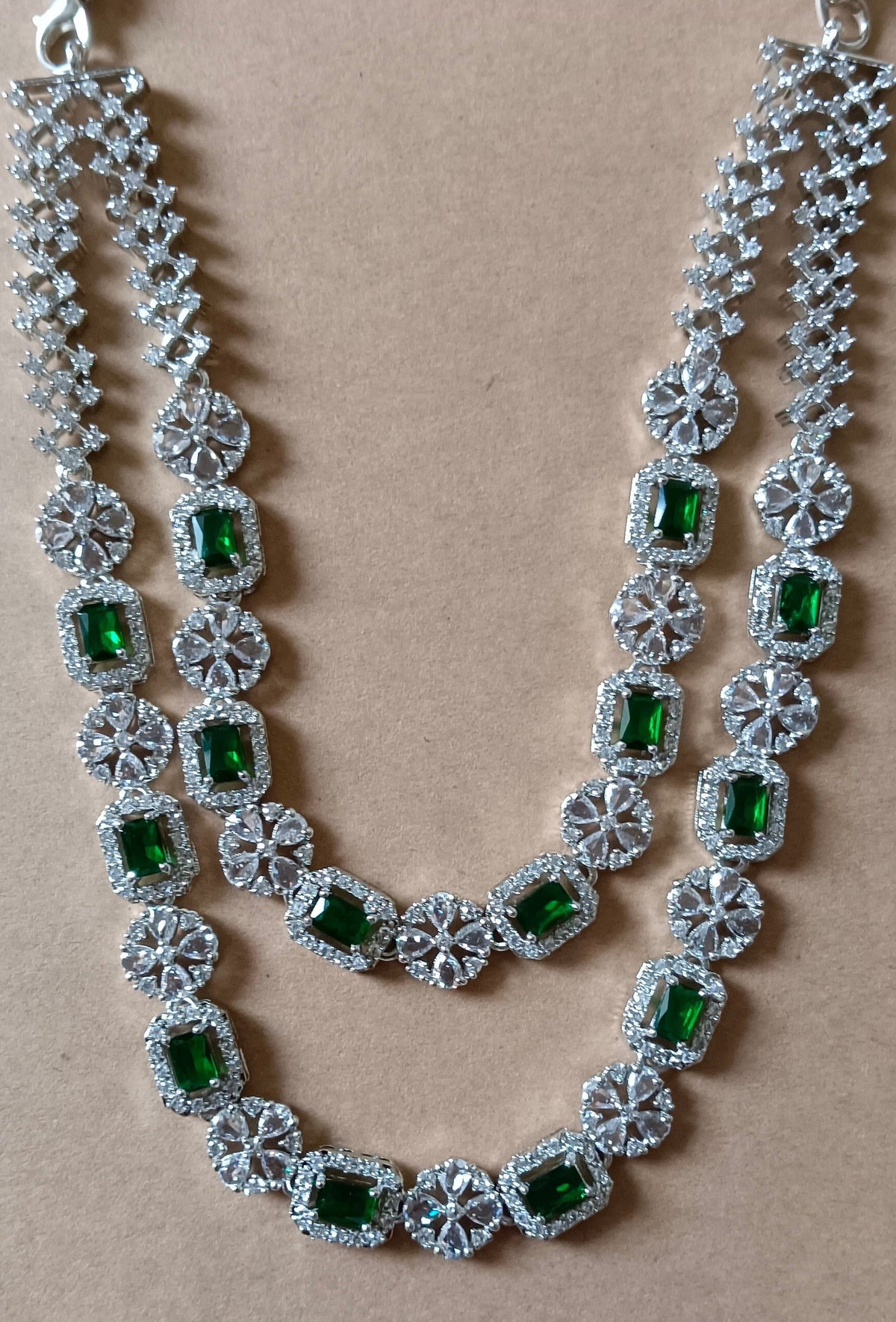 AD Double Layer Floral Green Stone Necklace Set