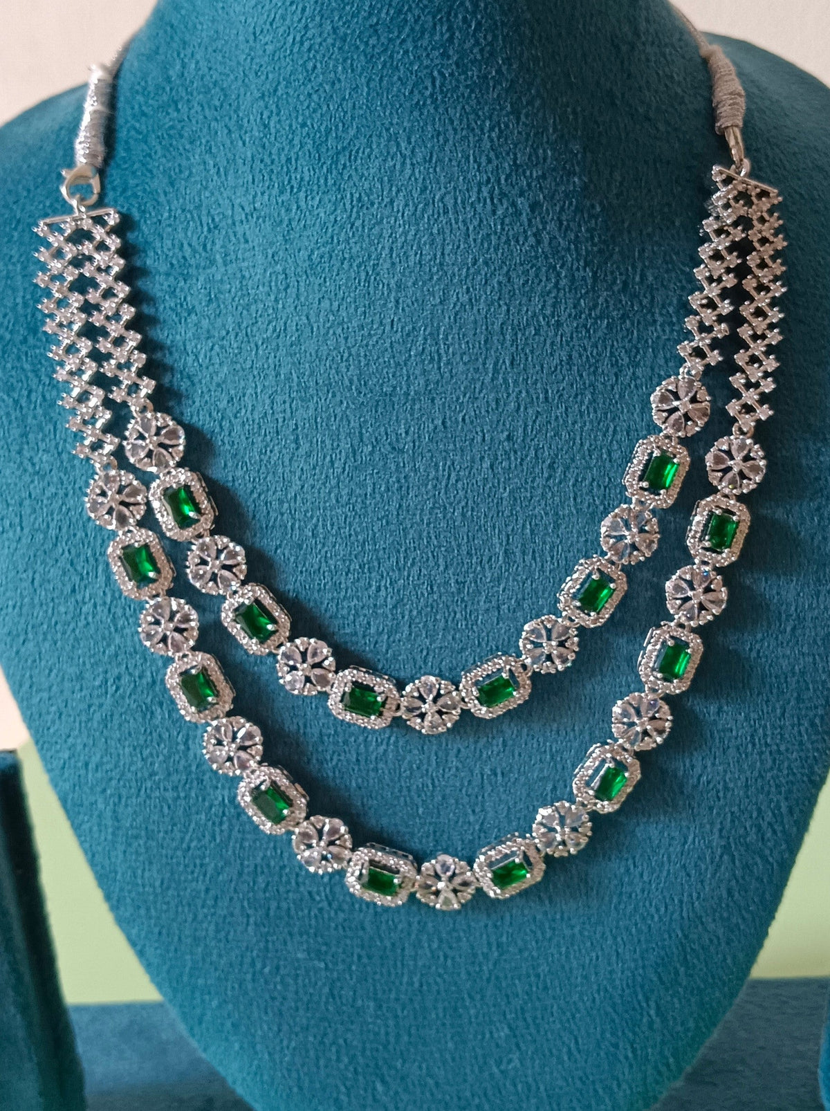 AD Double Layer Floral Green Stone Necklace Set