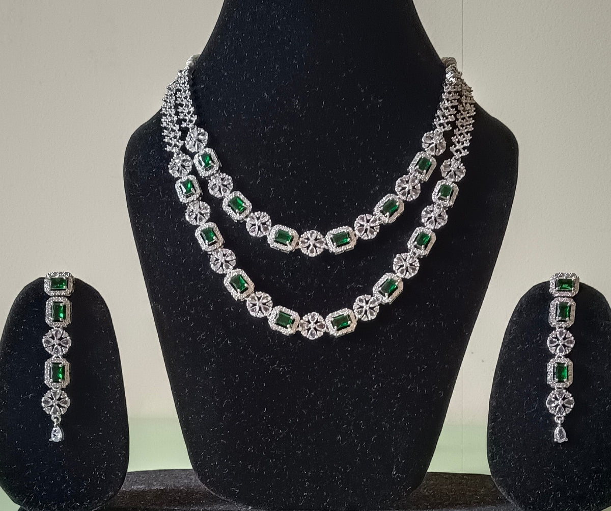 AD Double Layer Floral Green Stone Necklace Set