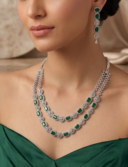 AD Double Layer Floral Green Stone Necklace Set