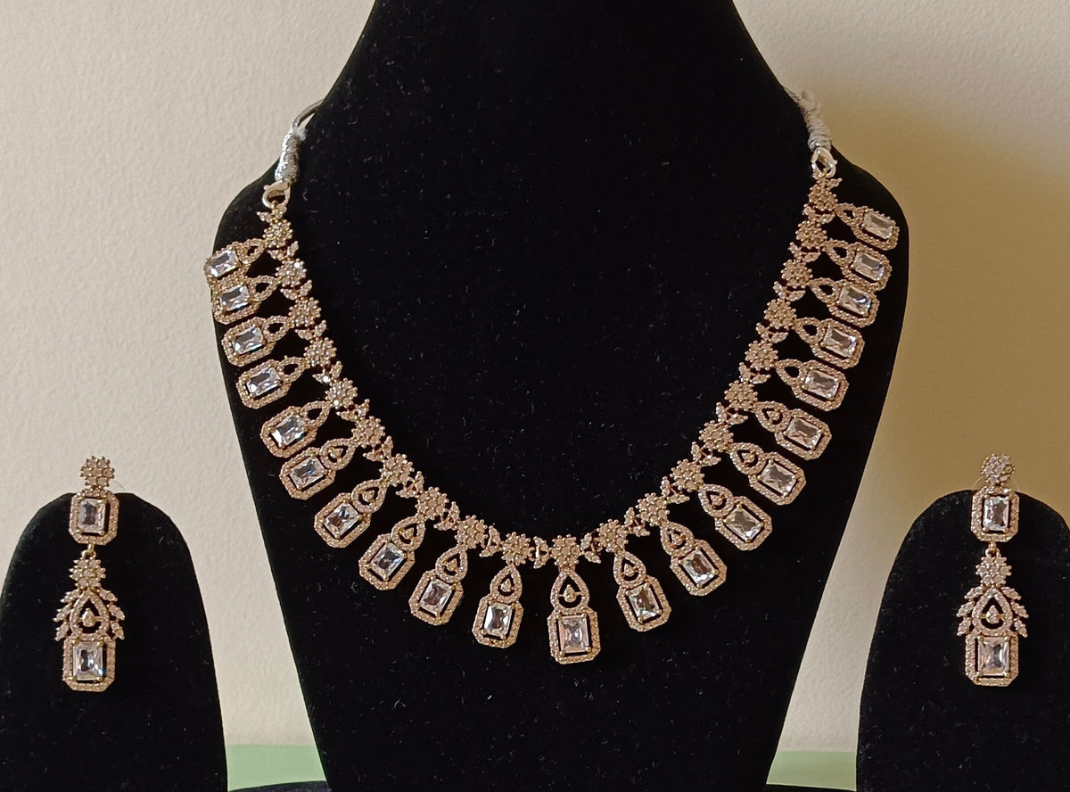 AD Studded Silver Plated Mehndi Necklace Set with Big White Stones