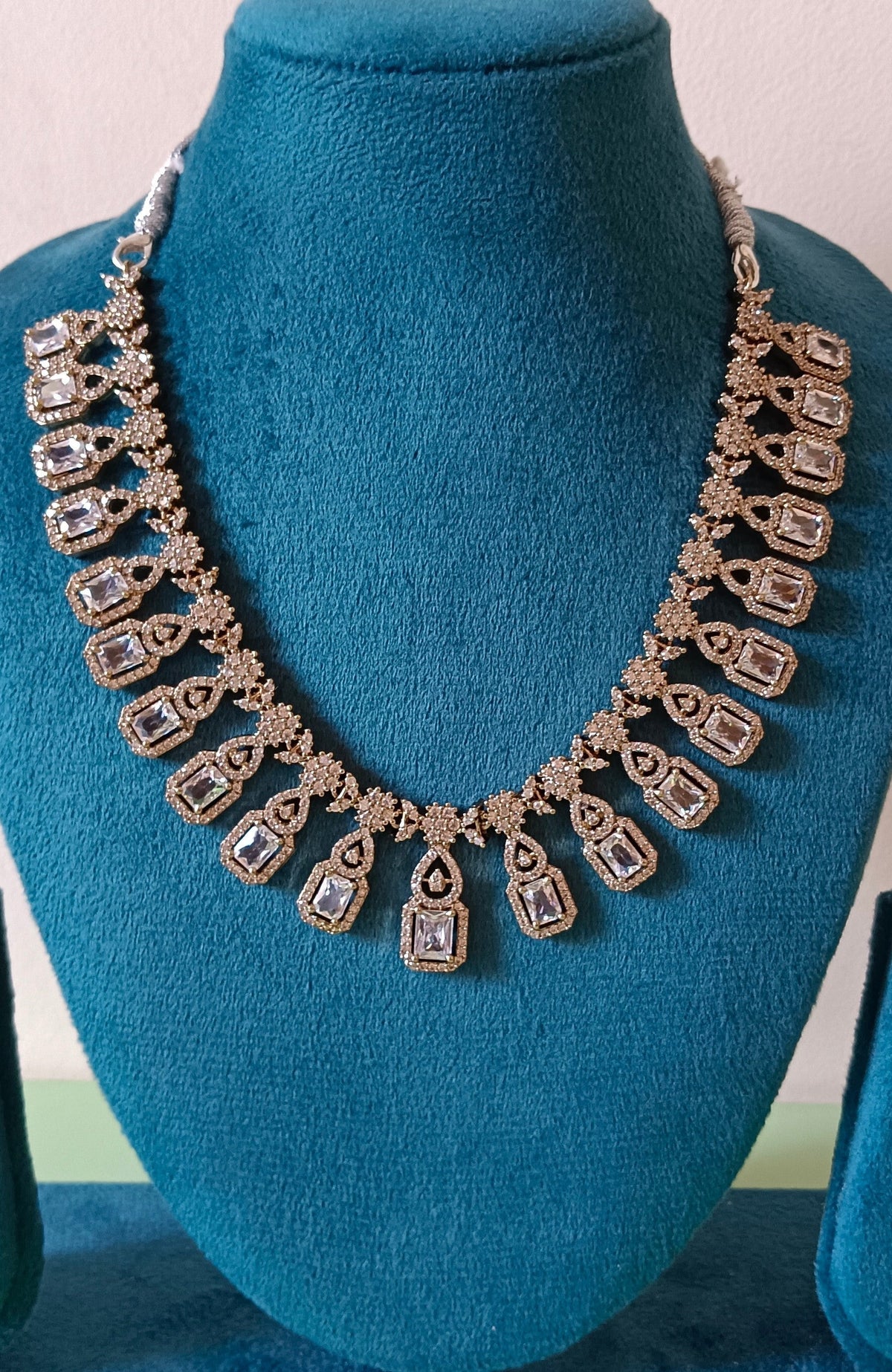 AD Studded Silver Plated Mehndi Necklace Set with Big White Stones