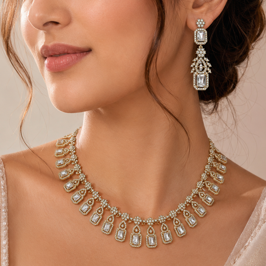 AD Studded Silver Plated Mehndi Necklace Set with Big White Stones