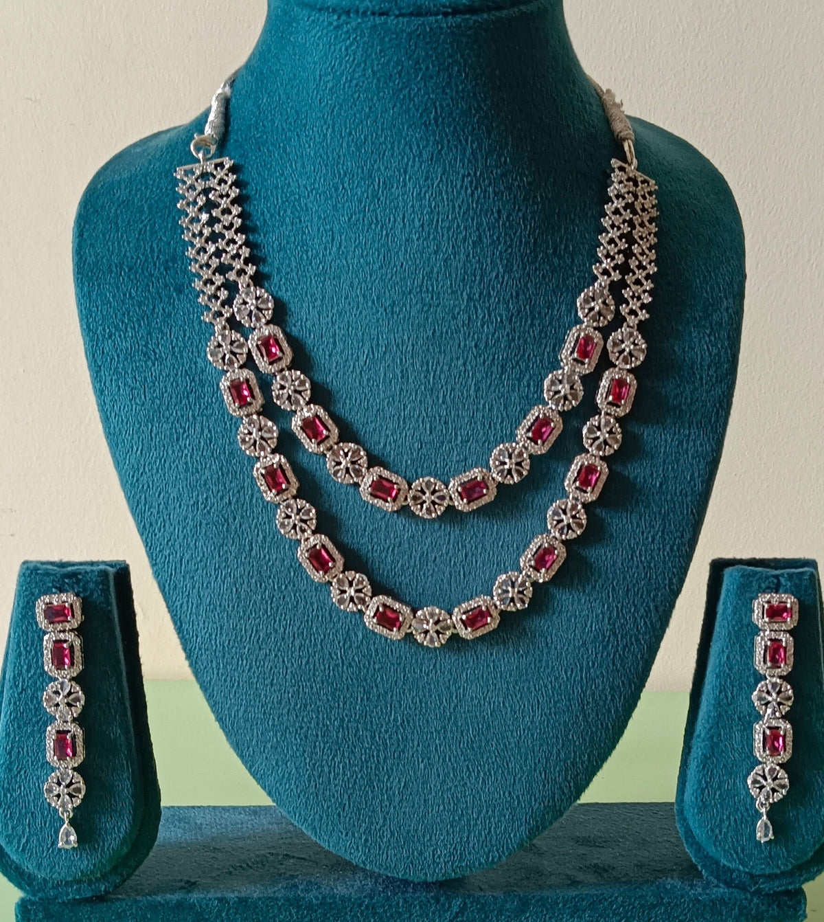 AD Double Layer Floral Red Necklace Set