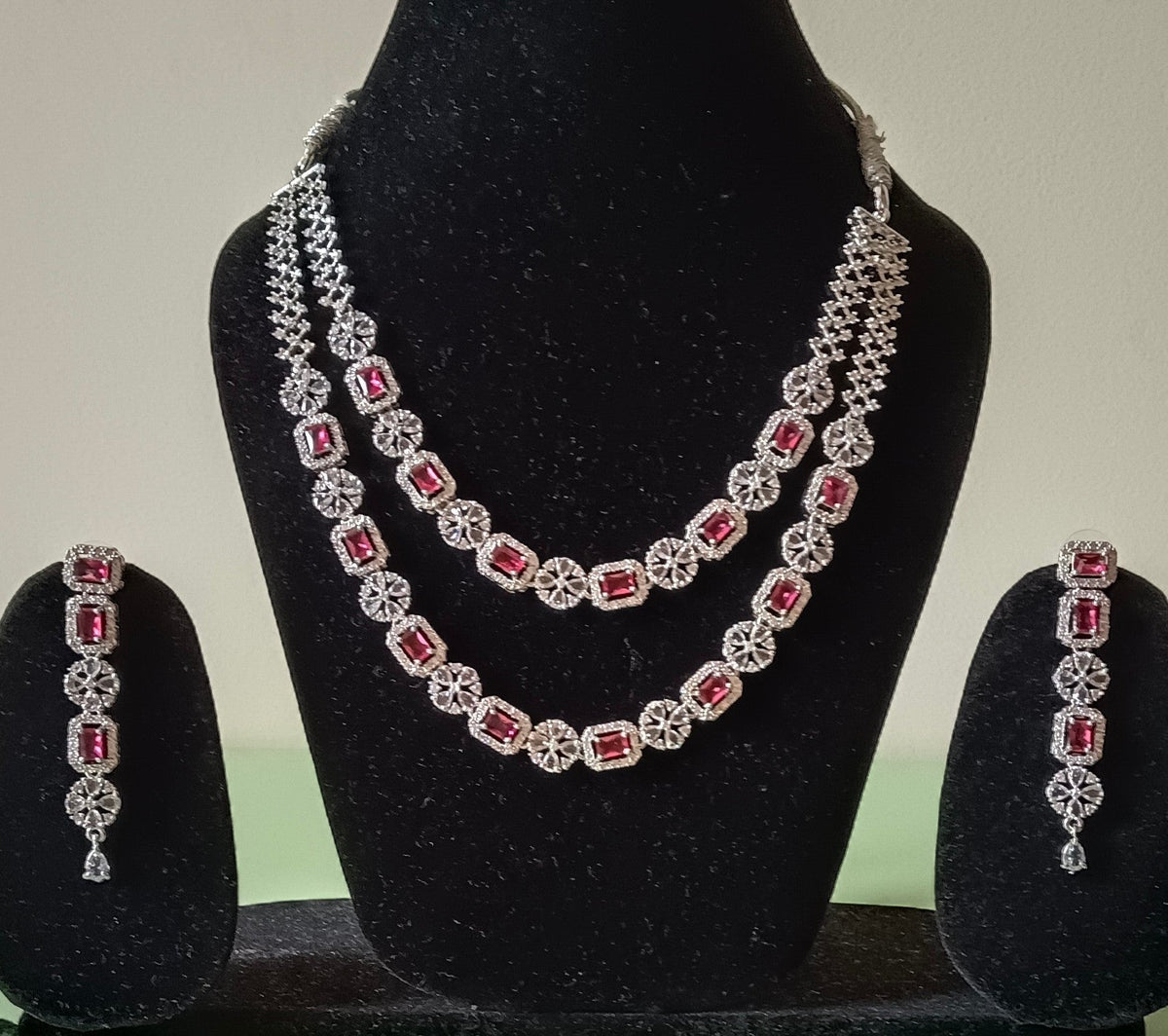 AD Double Layer Floral Red Necklace Set