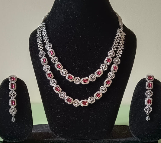 AD Double Layer Floral Red Necklace Set