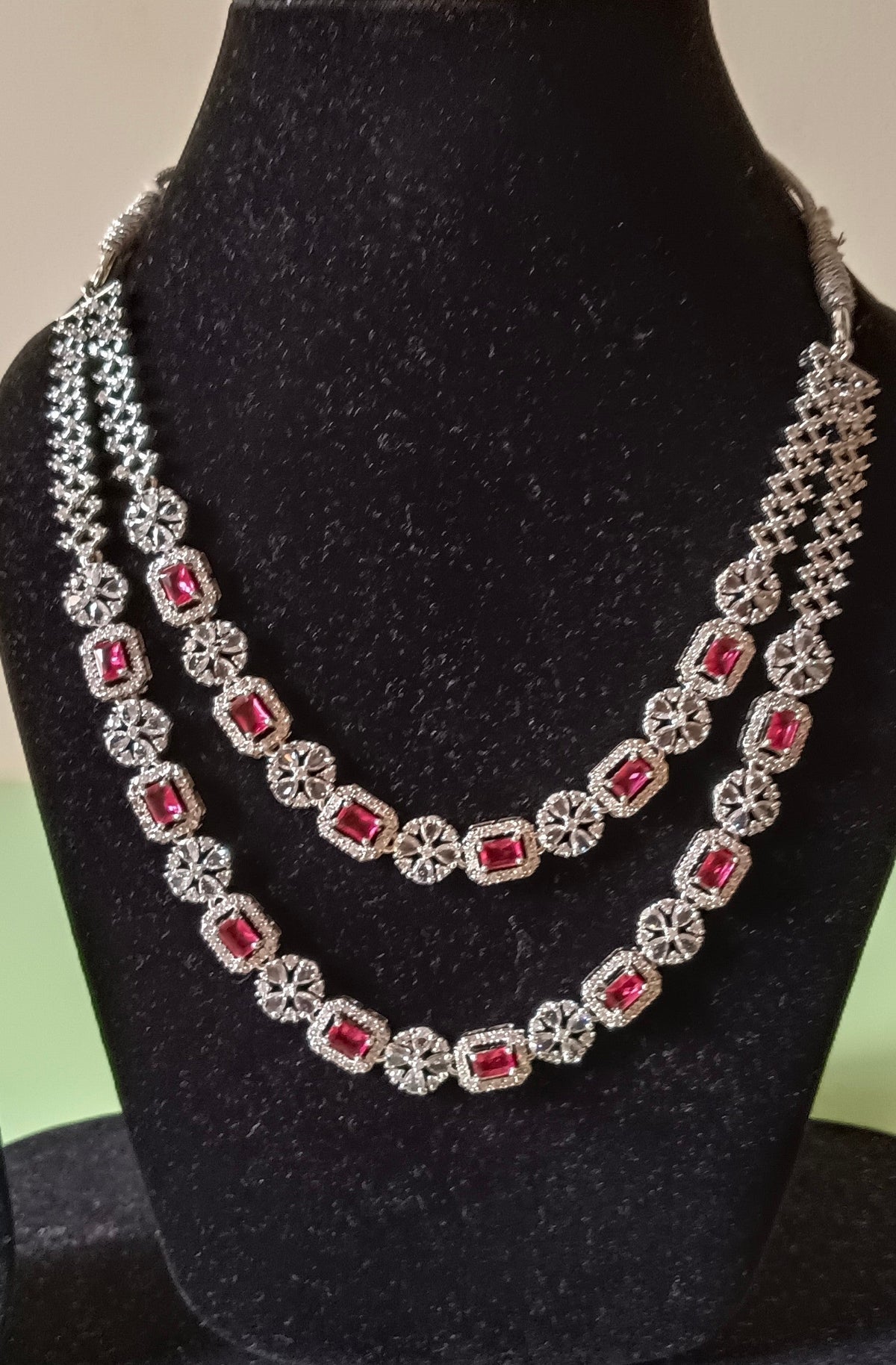 AD Double Layer Floral Red Necklace Set