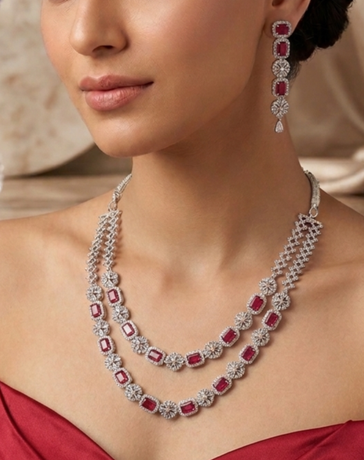 AD Double Layer Floral Red Necklace Set