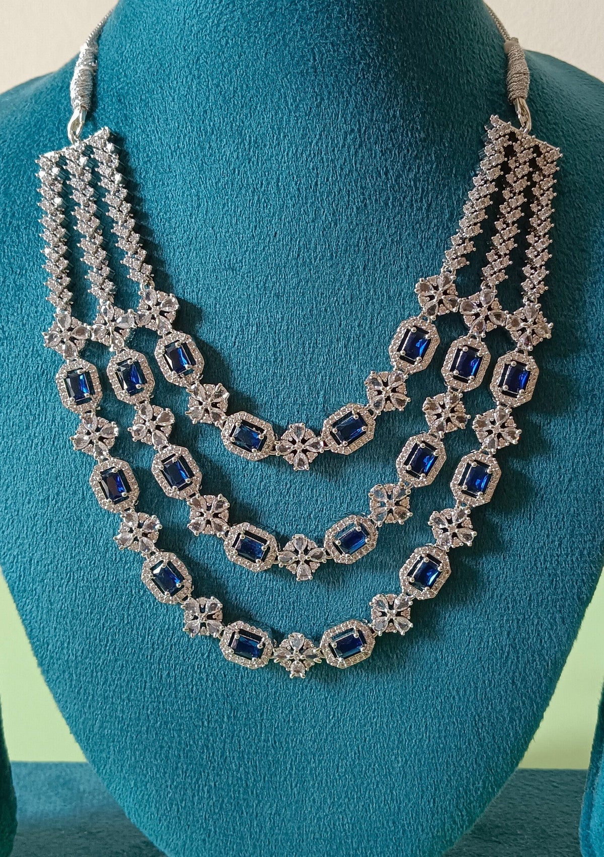 AD Triple Layer Floral Blue Necklace Set