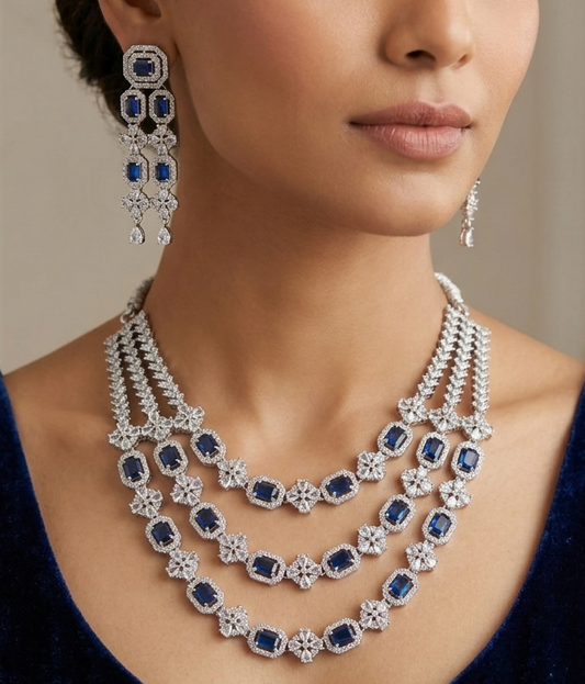 AD Triple Layer Floral Blue Necklace Set