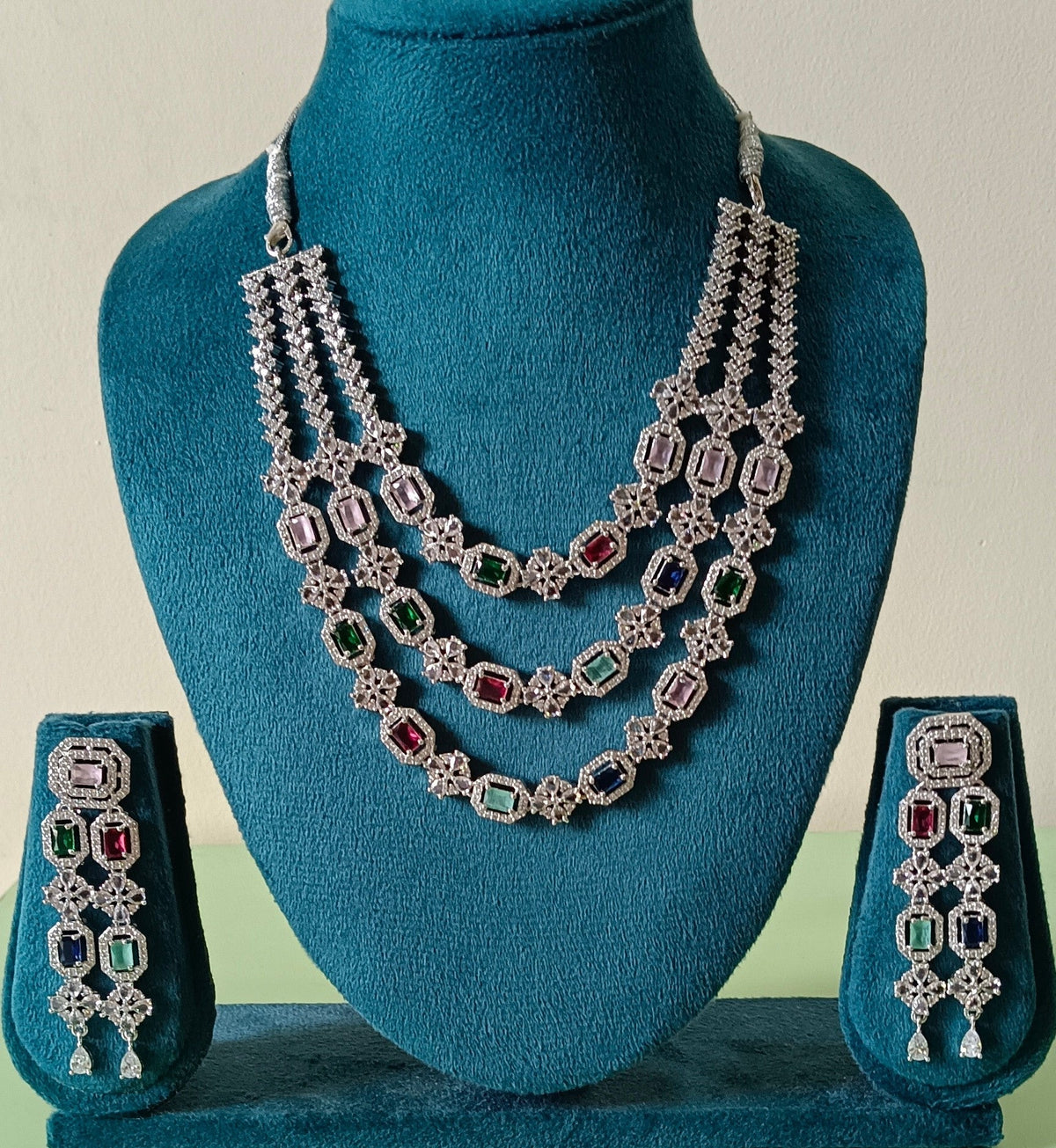 AD Triple Layer Floral Multi Colour Premium Necklace Set